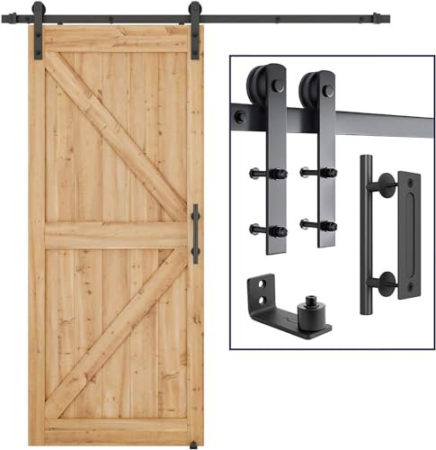 SMARTSTANDARD 6.8 FT Heavy Duty Sturdy Sliding Barn Door Hardware Kit, Black, (Whole Set Includes 1x Pull Handle Set & 1x Floor Guide) Fit 36-40 Wide Door Panel (I Shape Hanger)