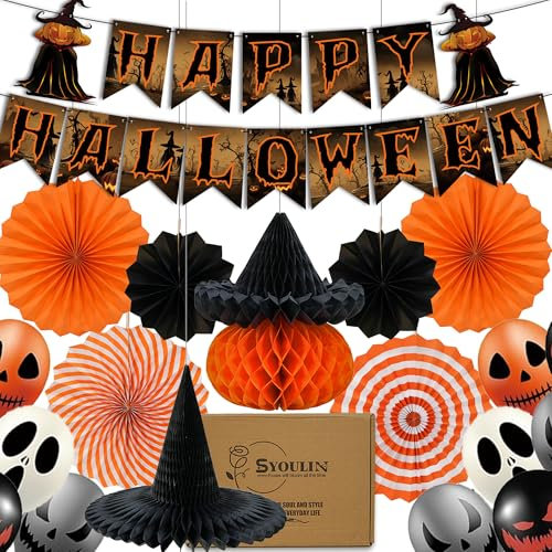 Syoulin Kit Completo Decorazioni Halloween | Ghirlanda Zucche, Ventagli di Carta, Palloncino Mostruoso, Striscione Festa, Nido d'Ape Appendibile | Per Interni ed Esterni