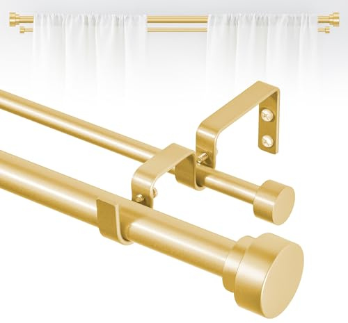 TANGWIN Gold Double Curtain Rods for windows 36 to 88:Adjustable Heavy Duty Double Curtain Rod for Bedroom Living Room,1 Inch Brass Gold Iron Moden Decorative Telescopic Dual Drapery Rod Easy Install