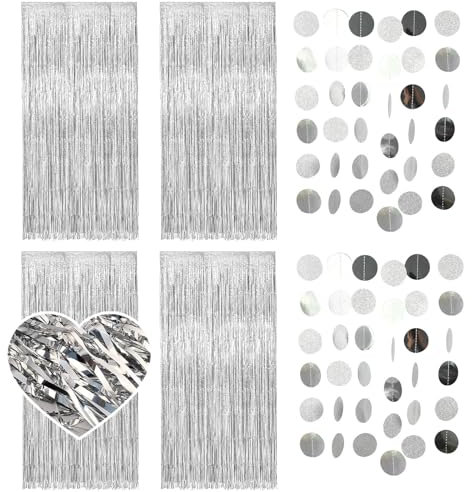 RAFIYU 6 Pcs Rideau Métallique de Frange Argenté, Rideau Brillant Tinsel, Rideaux DéCoratifs à Franges en Feuille D'Aluminium pour anniversaire, mariage, nouvel an avec 2 Guirlande Papier Anniversaire