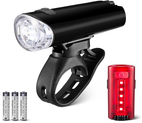 Amazon Basics Set de Luces LED para Bicicleta con Faro 100 Lúmenes y Luz Trasera 10 Lúmenes - Luces de Bici Impermeables 3 Modos con Soportes - Pilas Incluidas - Negro y Rojo