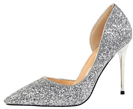 Xinmjoy High Heels for Women Sparkling Glitter Closed Toe Pumps Shoes Sparkly Heels for Wedding Party Evening Casual-Silver-UK