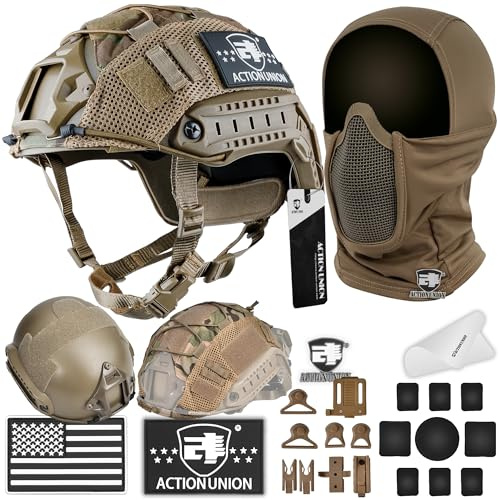 ACTIONUNION Airsoft Helmet and Mask Set Tactical Paintball Helmet and Balaclava Mesh Mask MH Type (Tan, Medium)