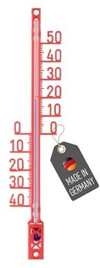 Lantelme Termometro da giardino analogico in plastica – da -40 a +50 °C – indicatore colorato blu – da appendere o forare – resistente alle intemperie in nero o rosso (rosso)