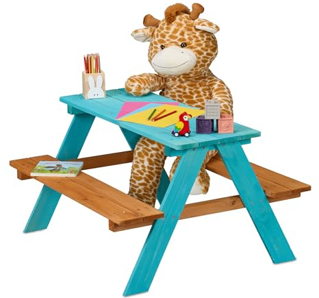 Relaxdays Table de Pique-Nique, pour 4 Enfants, en Bois de pin, H x L x P : 51 x 90 x 78 cm, Jardin, Bleu et Marron