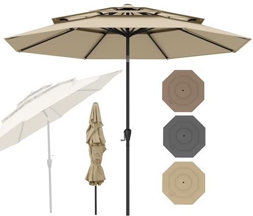 RELAX4LIFE Parasol Droit Inclinable 3M, Parasol de Jardin Extérieur 3M, Inclinaison 30°, Auvent Ventilé à 3 Niveaux, 8 Baleines, Manivelle, Protection Solaire pour Balcon Terrasse (300CM,Beige)