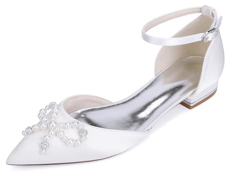 Gycdwjh Bout Fermé Plate Talons Satinée Bride Cheville Sandales Perle Chaussures de Mariee pour Femme Plates de Demoiselle d'honneur