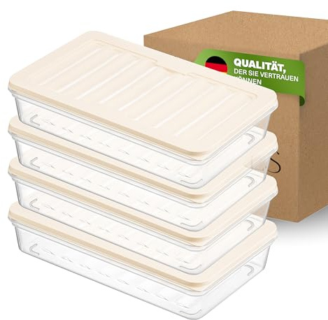 Viwares Stapelbare Gefrierdosen 4er Set, Gefrierfach & Kühlschrank Organizer mit Deckel, Frostfest bis -25°C, Wiederverwendbare Frischhaltedosen, Lebensmittel frisch und geruchsfrei lagern 1200ML