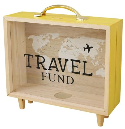 Ticket Shadow Box - Marco De Caja De Memoria De Madera con Ranuras | Cadena De Ahorro De Dinero Única con Impresión De Mapa Y Gráfico De Avión, Decoración De Mesa para Recuerdos, Boletos, Alma