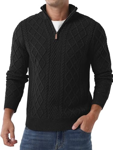 QIXING Men’s Quarter Zip Cable Knit Jumper 1/4 Zip Mock Neck Jumper Casual Long Sleeve Pullover Soft Knitted Tops with Ribbed Edge (Black, L)