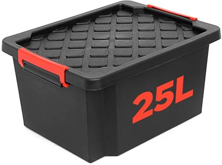 NOVECRAFTO 25L Small Storage Box with Lid – Heavy-Duty Storage Box with Carry Handles, Durable Plastic, Clip Locks, Stackable – Garage, Shed & Outdoor Use (Black)