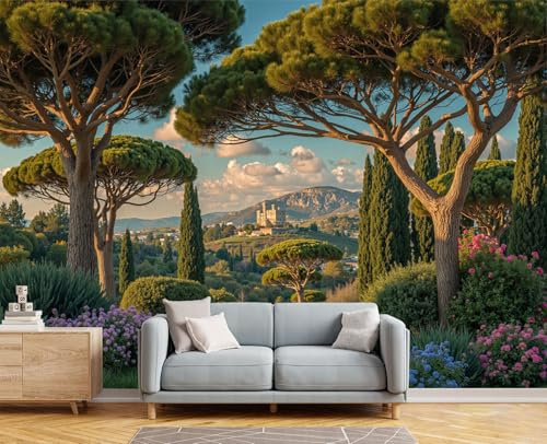 Carta da Parati pini e cipressi verde, Scenario naturale Decorazione da Parete per Bagno, Murale - 150 x 105 cm