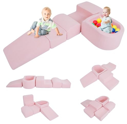 COSTWAY Juego de 5 Bloques de Espuma Grande para Niños, Bloques de Espuma Psicomotricidad Blandos, Piscina de Pelotas, Trepar y Gatear, Soft Play Structures, 3 Años+ ([Sin Pelotas de Mar,,Rosa)