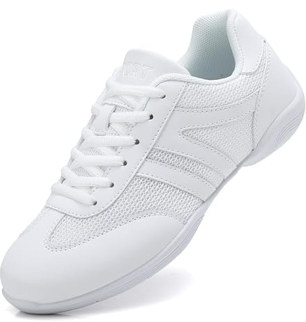 GlideMoves Big Kid Girls White Tumbling Training Cheer Shoes US 1.5 | Lightweight Breathable Anti Slip Gymnastics Competition Soft Sole Jump Aerobic Fitness Team Stunt Outdoor Sneakers