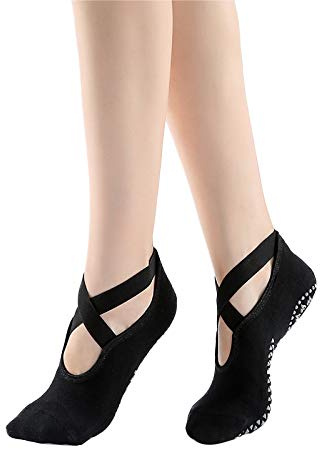 FooYee 2 Paires Chaussettes Yoga Femme Antidérapantes, Chaussettes Pilates avec Bandes Croisées, Chaussettes Grip pour Yoga, Danse, Fitness, Barre, Trampoline, Taille Unique Noir