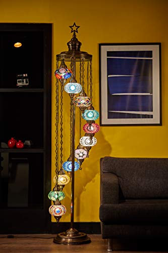 DEMMEX 11-Globe 7ft Turkish Moroccan Mosaic Floor Lamp – Handmade Colorful Boho Tiffany-Style Light, Customizable Mosaic Glass, Tall Standing Artisan Lamp, 2.1m Height