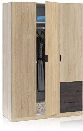 Habitdesign Armario Ropero 3 Puertas 3 Cajones 4 Estantes, 180x121x52 (AltoxAnchoxFondo - en cm), Color Roble Canadian y Oxido
