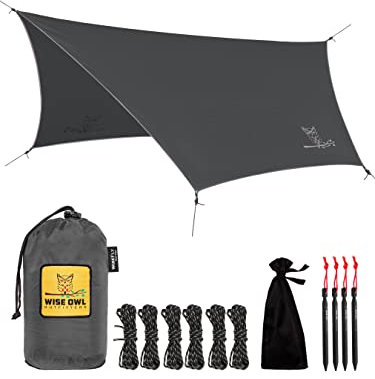 Wise Owl Outfitters Tarp Sonnensegel wasserdicht-Zeltplane als Regen- u. UV-Schutz für Hängematte, Feldbett, Strand-Camping Zubehör - Notfallzelt - Ultraleicht 535g - Outdoor Ausrüstung (Dunkelgrau)