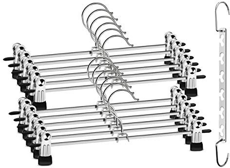 ilauke 12 Stück Hosenbügel Platzsparend, Kleiderbügel Rockbügel Metall mit 24 Klammern, rutschfest, Verstellbaren, Hosenkleiderbuegel rutschfest für Hosen, Röcke, BH, Kleidung, Socke, Unterwäsche