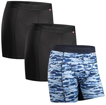 DANISH ENDURANCE Mens Boxers, Anti Chafing, Long Leg or Regular, Sports Underwear Men, Running Boxers, 3 Pack, Multicolor (2 x Black, 1 x Blue Camouflage), Large