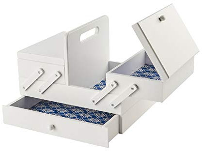 Sewing Online Freischwinger-Aufbewahrungsbox aus Holz 31 x 23 x 24 cm Weiß mit geometrischem Design-Interieur