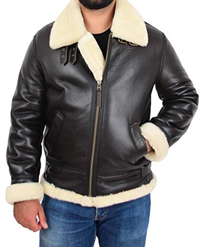 A1 FASHION GOODS Chaqueta voladora de piel de oveja auténtica para hombre B3 Bomber Aviador Pilotos Abrigo de Oveja Trueno, Marrón/Blanco, L