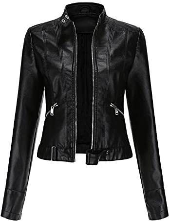 YFFUSHI Women Classic Faux Leather PU Moto Biker Jacket Short Slim Fit Casual Zip Up Coat