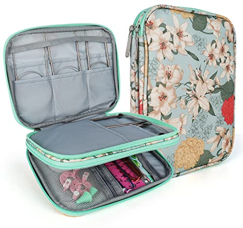 Coopay Aghi per Maglieria, Borsa per Uncinetto e Ferri Circolari, Attrezzi per Uncinetto e Accessori da Cucito, Portatile con Chiusura Lampo, Giglio Verde