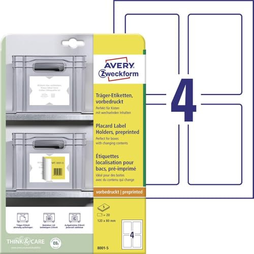 AVERY Zweckform Art. 8001-5 Träger-Etiketten (20 Etikettenhalter, 120x80mm, beliebig oft mit allen Etiketten beklebbar ohne Rückstände, für Regale, Boxen, Behälter in Lager & Logistik) 5 Blatt, weiß