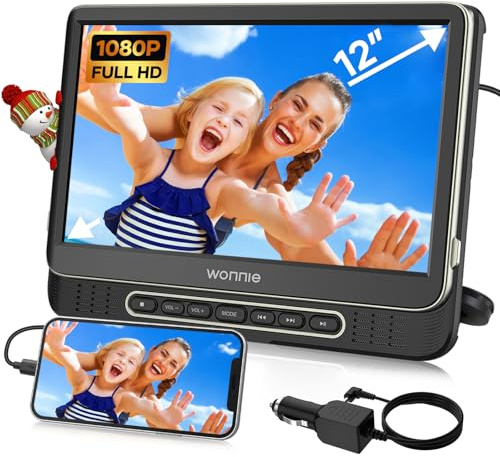 WONNIE - Lettore DVD per poggiatesta portatile da 12 pollici, compatibile con video 1080P/MP4 con ingresso/uscita HDMI, supporto di montaggio, adattatore CA, caricatore per auto, uscita AV,