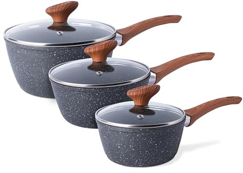 Non Stick Saucepan Set – Induction Saucepan with Lid – 3pcs Marble Sauce Pan – 16cm, 18cm, 20cm Saucepot Set – by Nuovva