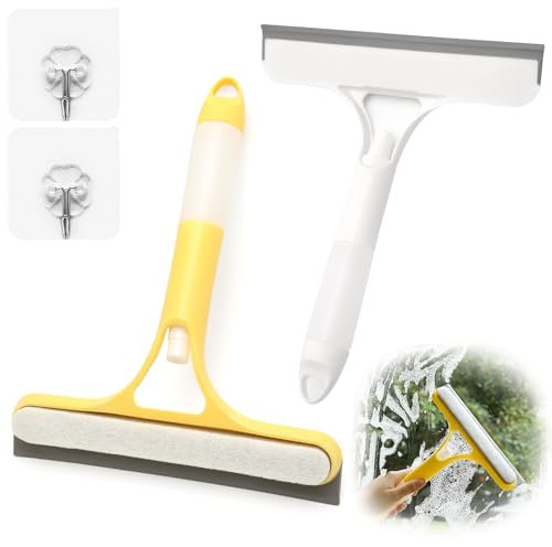 Limpia Cristales 3 en 1, 2 Limpiacristales para Ducha de Plástico con 2 Ganchos, Rasqueta Limpiacristales Multifuncionales para Ventanas, Suelos, Puertas de Vidrio, Superficie Lisa, 21,5 x 25,7 cm