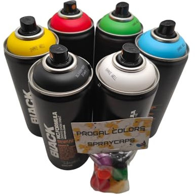 PROGAL COLORS Montana Black Spraydosen Set 6 Grundfarben + 6 Ersatzsprühköpfe - 6 x 400 ml