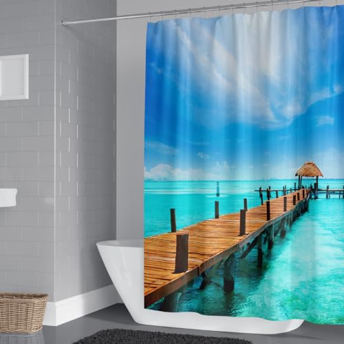 Ekershop Digitaldruck Textil Duschvorhang aus Polyester Stoff Badvorhang MALEDIVEN Pier DIGITAL 240x200 cm mit 15 Ringen