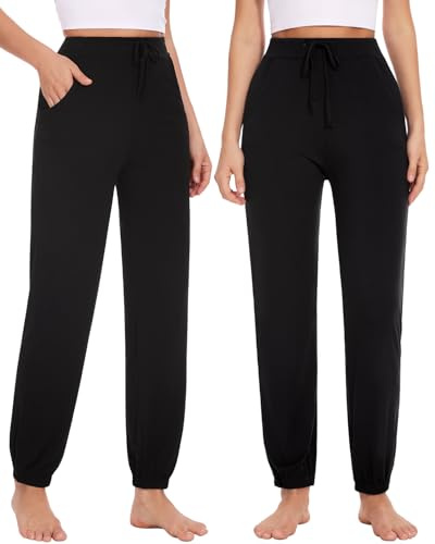 Knuffnee Pyjama Bottom Womens Soft Lounge Pants Sleep Trousers with Pockets 2 Pack Thin Black/Black XL