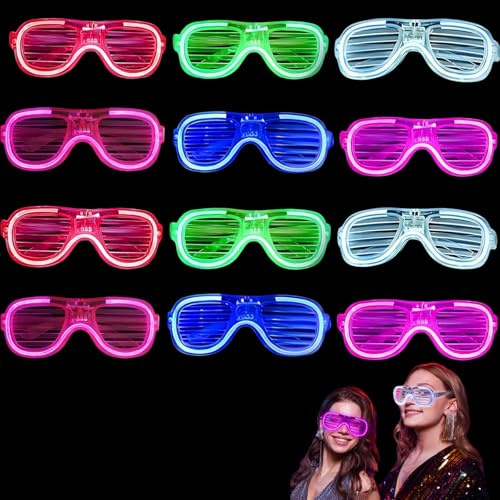 Confezione da 12 occhiali da sole luminosi al neon, con luci a LED, per bambini e adulti, anni '80 e '90, discoteche, concerti, Halloween, Capodanno, Natale, feste
