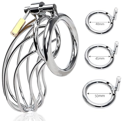 Moinha Male Cock Cage Chastity Device with 3 Cock Rings Premium Metal Silver Locked Cage Adult Sex Toy for Men | Key and Lock Included