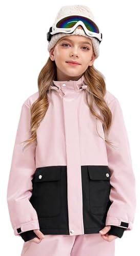 Jugaoge Veste de Ski à Capuche pour Enfant Fille Garçon Veste de Neige Randonnée Zippée Manteau Blouosn Jackets Rose 11-12 ans