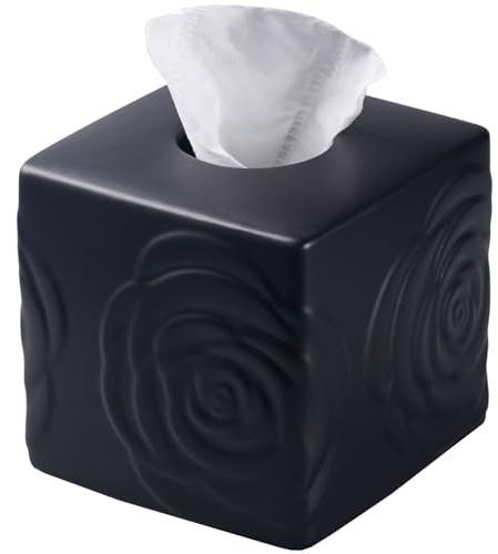 Black Ceramic Rose Tissue Box Cover, Carved Flowers Large Square Tissue Box Holder Decorative for Bathroom, Vanity, Kitchen Countertop, Bedroom Night Stands, Office Desk Top