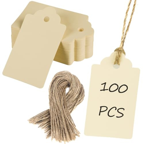 Uniclife 100 Pcs Paper Tags with String Writable Beige Cardstock Price Tags with Jute Twine Hang Tag for DIY Crafts Clothing Christmas Wedding Birthday Blank Merchandise Marking Tag, 2 3/4 x 1 1/2