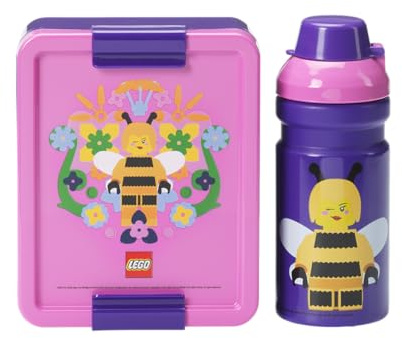 Room Copenhagen Lego Lunch Set - Bee Design, Fun & Functional 390ml Bottle & Lunch Box for Kids & Adults, Dishwasher Safe, for Meals on The Go, Purple