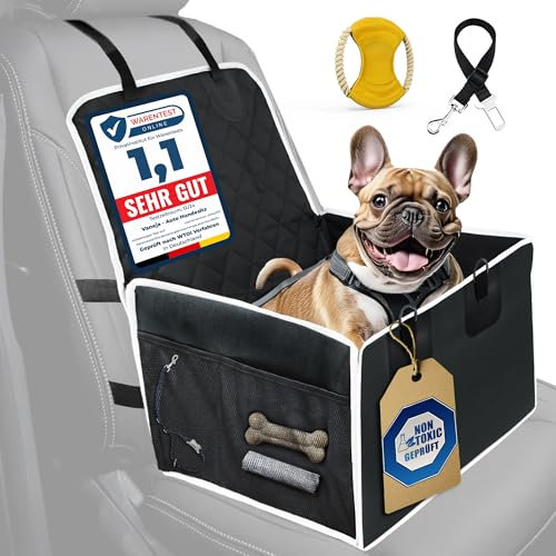 VANEJA Hundeautositz für kleine und mittlere Hunde, schadstofffrei, wasserdicht, verstärkte Wände, TÜV geprüfte Autobox