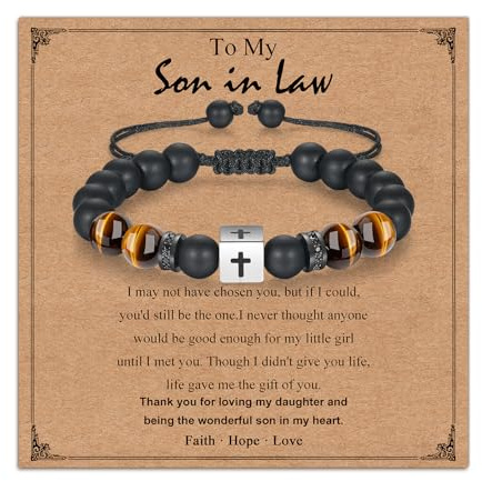 sehalosi To My Son in law Gifts Cross Bracelet for Men, Adjustable Tiger Eye Black Onyx Stone Bracelet, Birthday Confirmation Christmas Gifts for Men(Son in Law)