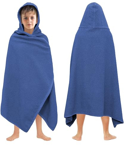 ORIGINAL KIDS Waffle Hooded Bath Towel Wrap - 100% Cotton Terry Large Oversized Hooded Kids Towel - Toddler Big Kid Shower Pool Beach - Super Absorbent Quick Dry Easy Care - 30 x 56 - Blue