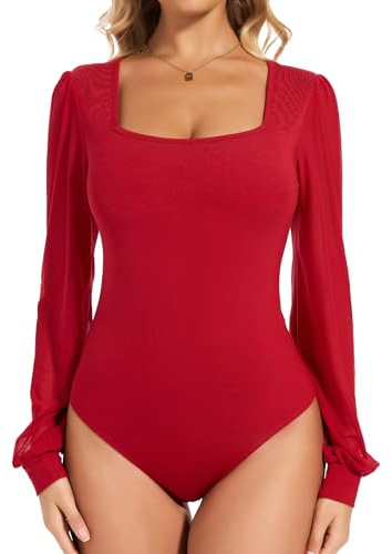 Joyshaper Women Bodysuit Mesh Puff Long Sleeve Leotard Tops Body Suit | Square Neck Round Neck Ladies Going Out Blouses Shirts Elegant
