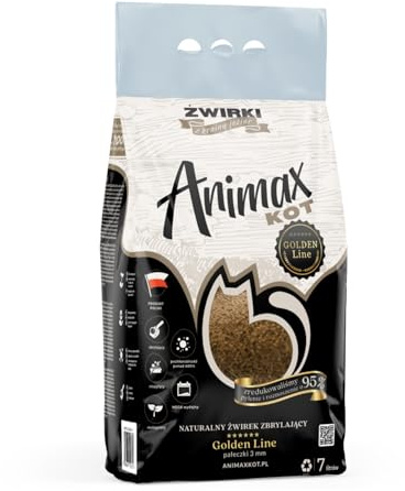 Animax Golden Line - Arena para gatos de 3 mm, bolsa de 7 L, pellets de madera de bajo polvo, absorbente natural, control de olores para gatos, conejos, roedores y pájaros, suave con las patas, fácil