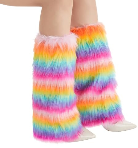 Felcia Women's Y2K Faux Fur Leg Warmers Stylish Rainbow Boot Covers Fashion Costume Accessory
