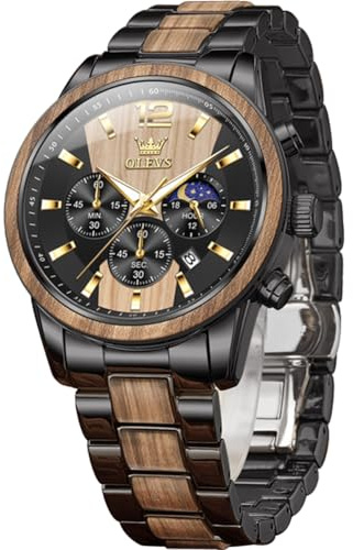 OLEVS Mens Wooden Watch Analog Quartz Stainless Steel Wirst Watches Luxury Dress Chronograph Waterproof Luminous Watches for Men Gift