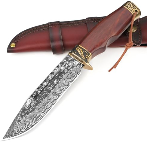 DRACHENADER Jagdmesser – 67 Lagen Vg10 Damaststahl, Handgeschmiedet, 14,7 cm Feststehende Klinge Messer, Outdoor Survival Gürtelmesser mit Lederscheide und Holzgriff (B- Damast Stahl Klinge)