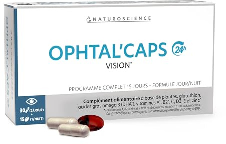Naturoscience - Ophtal'Caps - Complément Alimentaire Santé Oculaire - Soutien Naturel Yeux et Vision - Lutéine, Zinc, Glutathion, DHA - Fabrication Française - 30 Gélules Jour + 15 Capsules Nuit